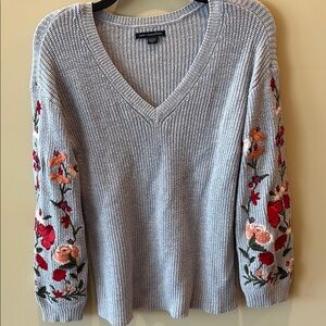 American Eagle Light Blue V-Neck Sweater with Red Floral Embroidery